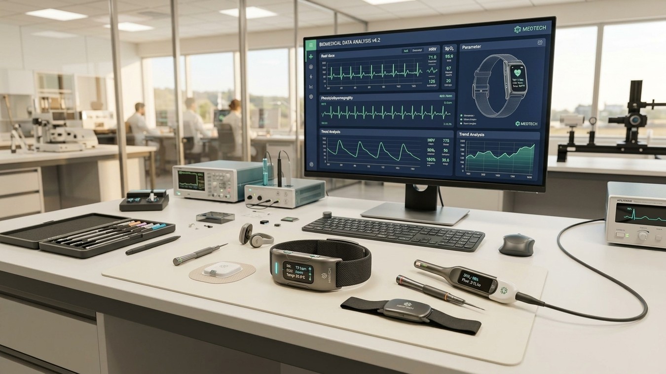 Biomedical engineering laboratory testing sensor array with digital telemetry waveform display